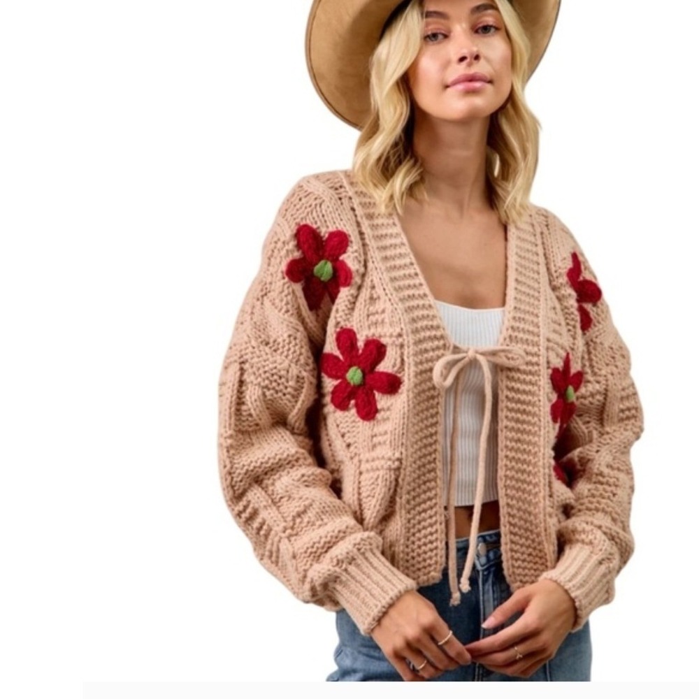 Bibi Sweater Cardigan Beige Floral Knit Cable Sleeve Women Size M